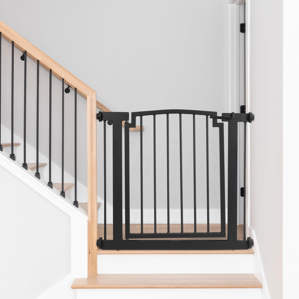 Stylish No Drill Dog Gates for Stairs. Pet Gate Barriers to Block Stairs. Freestanding or Pressure Mounted with Swinging Door. Indoor and Outdoor