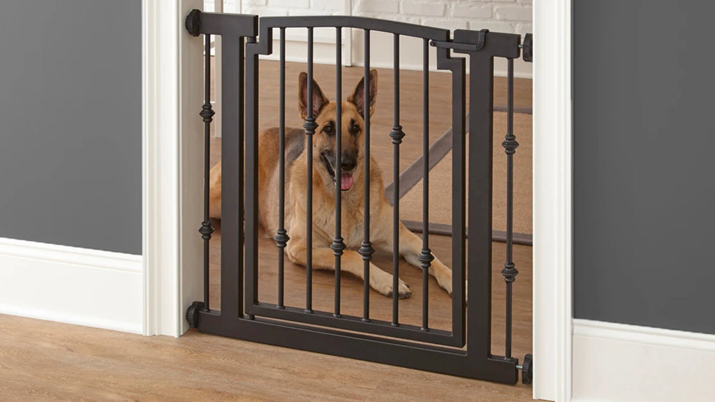 Stylish Metal Pet Gate with Door. Strong Wrought Iron Dog Gate Barriers. Indoor and Outdoor