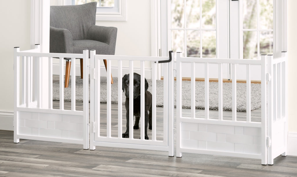 Stylish 8 Foot Wide Dog Gates with Door - 8 Feet Long Strong Pet Gate Barriers. Pressure Mounted and Freestanding. Indoor. Outdoor.