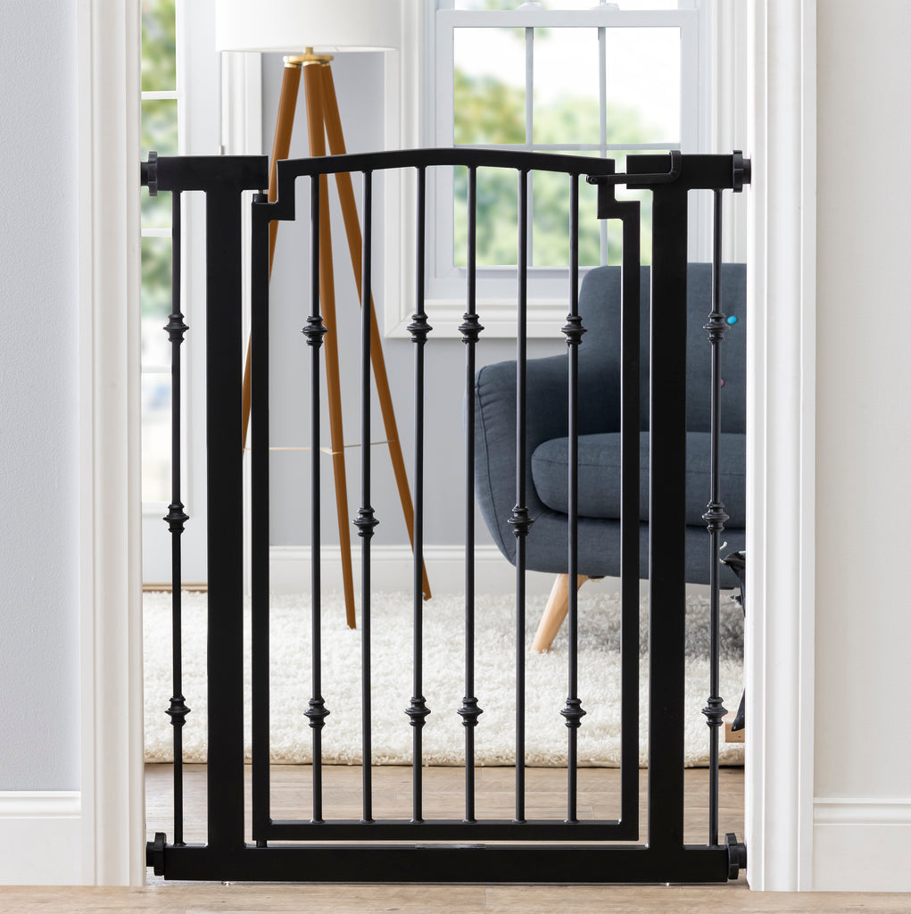 42" Extra Tall Dog Gate, Extra Wide and Narrow Openings Inside the House. Walk Thru Door, Indoor Doorway, Stairs. Heavy Duty Dog Gate for Large dog. Swinging Walk Through Door, Indoor, Pressure Mounted, Black Wrought Iron Metal.  Large Doggy. 34" to 60.5" Extra Wide and Long Black Strong Wrought Iron Metal Doorway, Stairs, for Strong Large Dogs, Designer, Luxury Pet Gate for dogs. Emperor Rings by NMN Designs