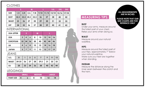 My Sister's Secrets clothing size chart