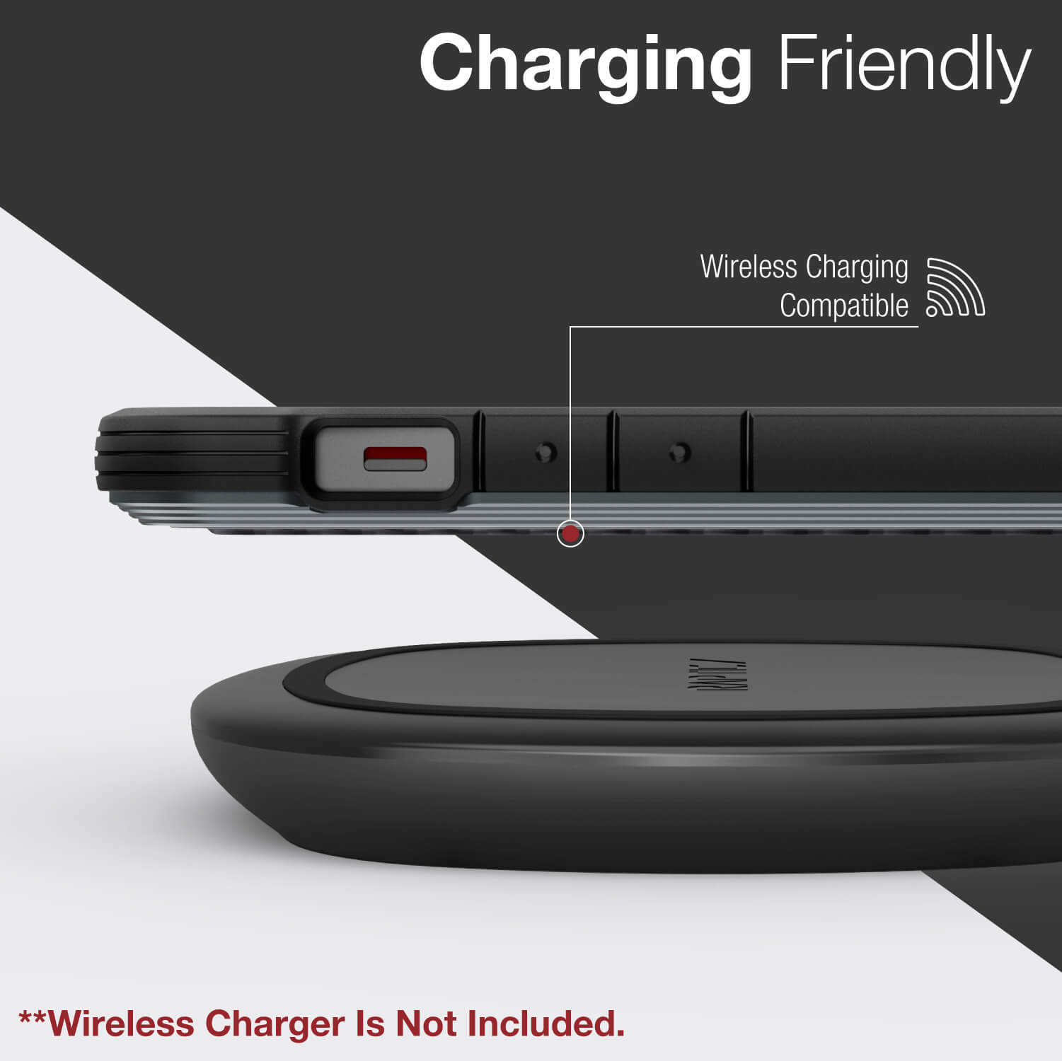 Infographic showing the carbon fibre Urban Raptic Shield Case is wireless charging compatible.