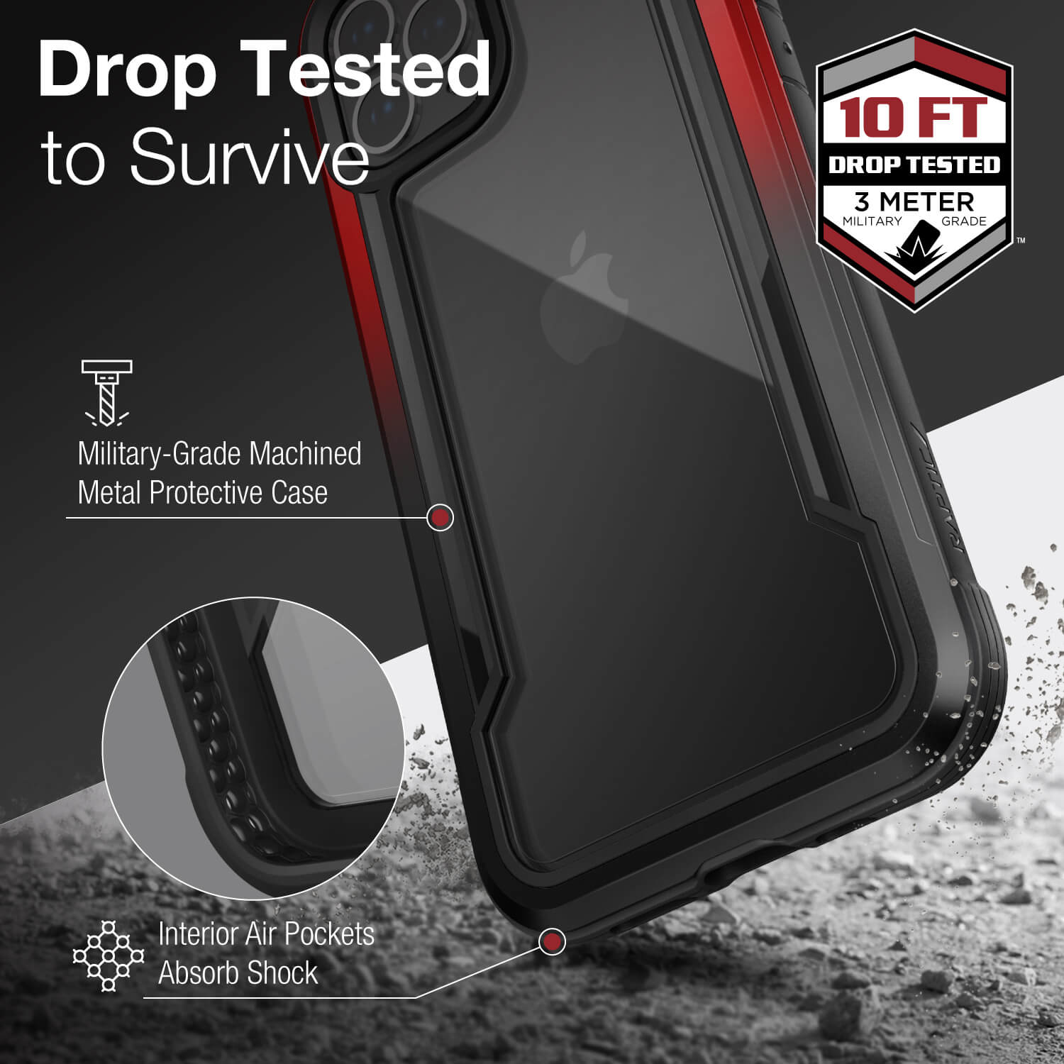 Inforgraphic showing an iPhone 12 in a Black Red Gradient Raptic Shield case that is tested to survive up to three metre drops