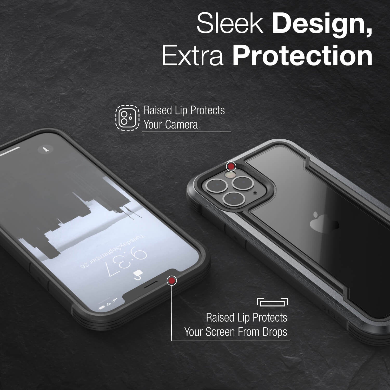 Infographic showing iPhone 12 in a black Raptic Shield case. Features shows its sleek looks that blends in with the iPhone 12