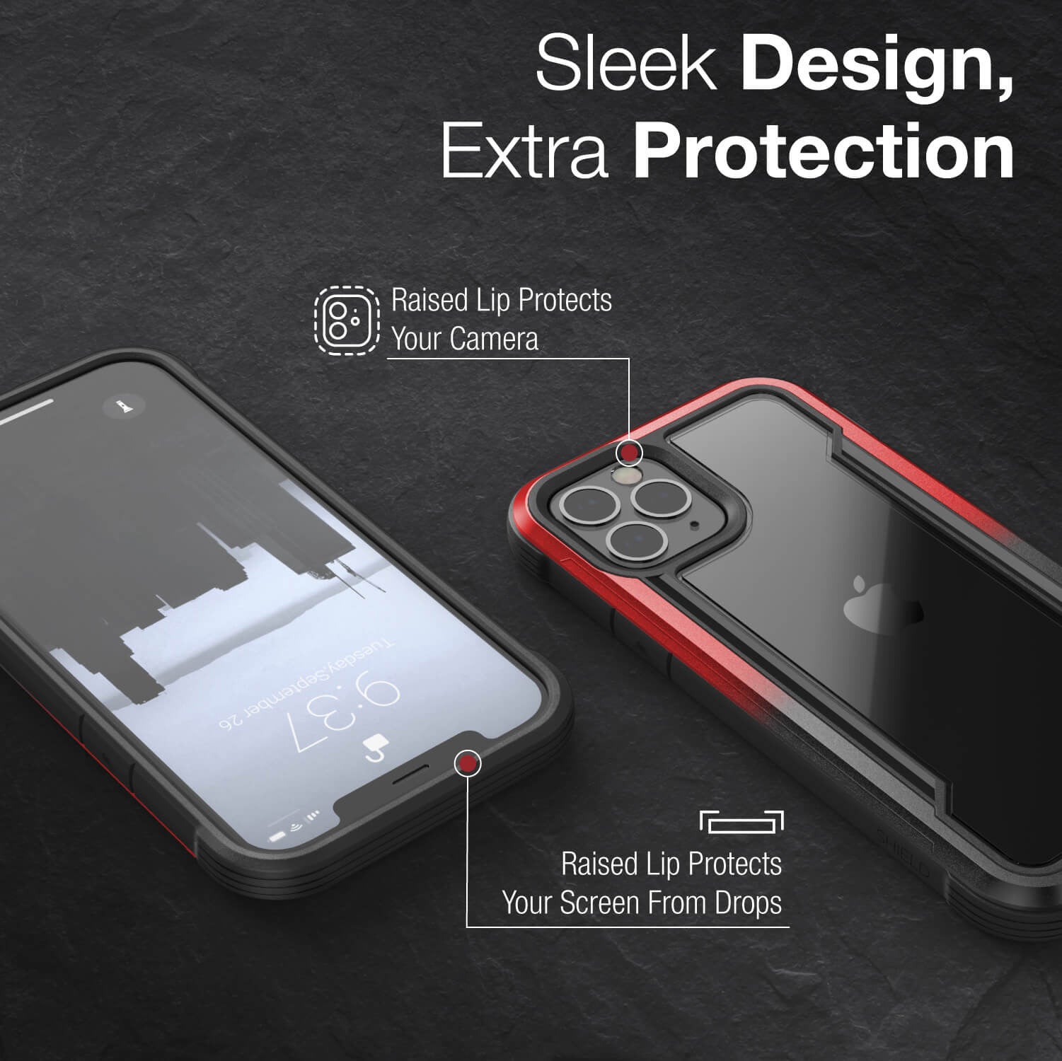 Infographic showing an iPhone 12 in a Black Red Gradient Raptic Shield Case with sleek designs and extra protection. Has minimal bulk.