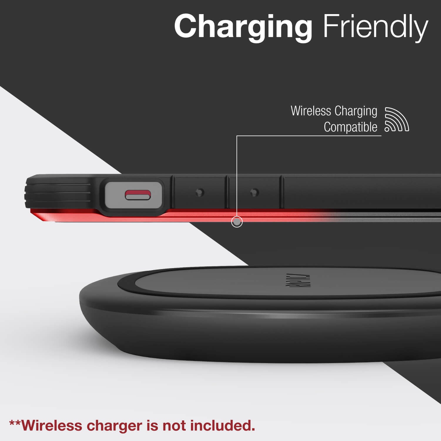 Inforgraphic showing an iPhone 12 in a Black Red Gradient Raptic Shield with wireless charging compatibility.