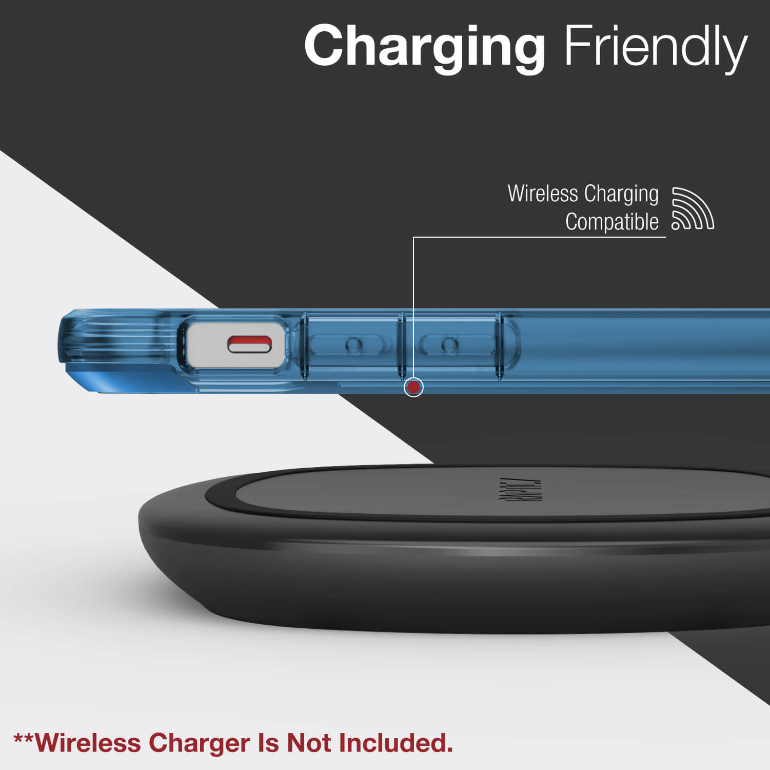 An infographic showing an iPhone 12 Pro wireless charging while encased in a Raptic Air case