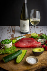 Tuna Tartare with Wasabi Pea Puree Enchanted Garden Riesling