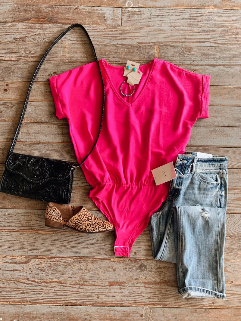 Hot Pink Vneck Bodysuit