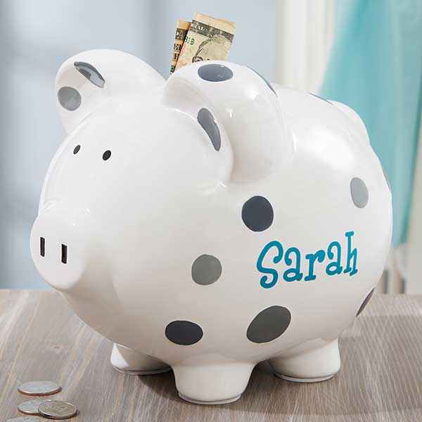 Grey Polka Dot Personalized Piggy Bank 