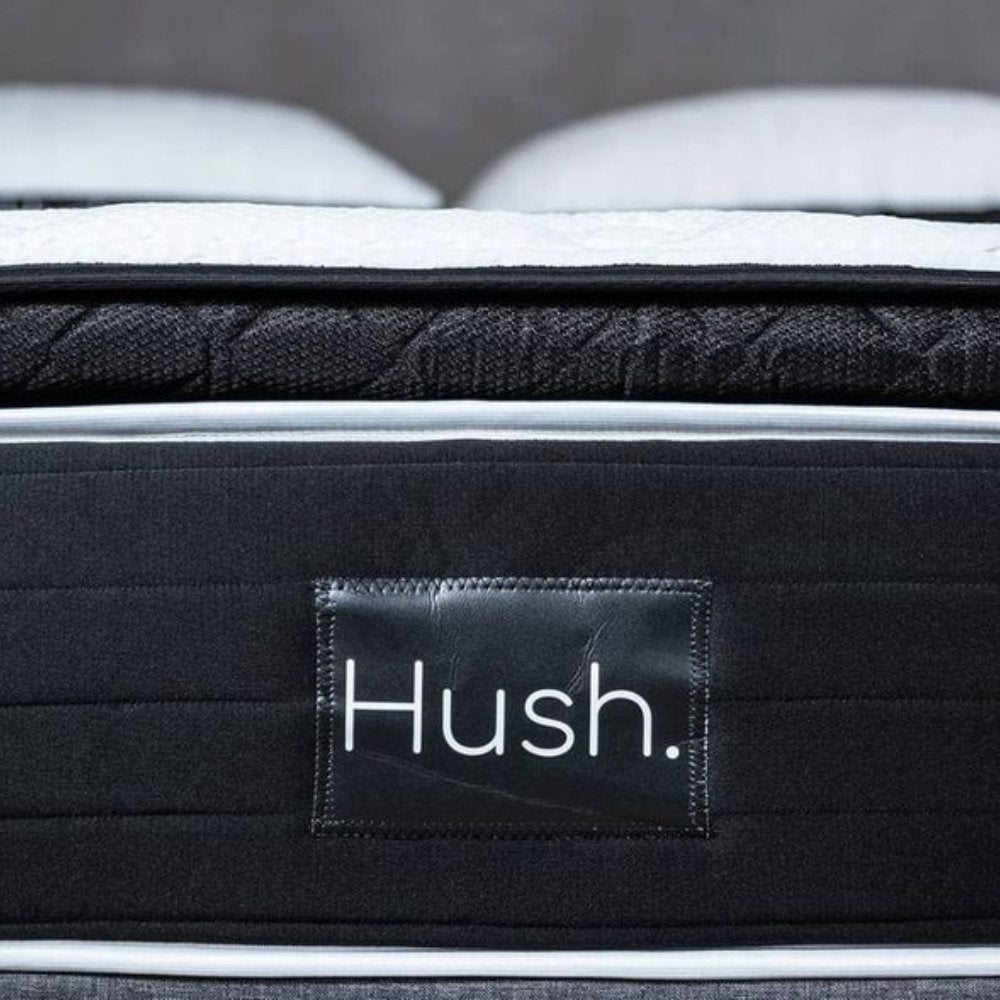 closer shot of Hush Mattress with logo stitched on the side