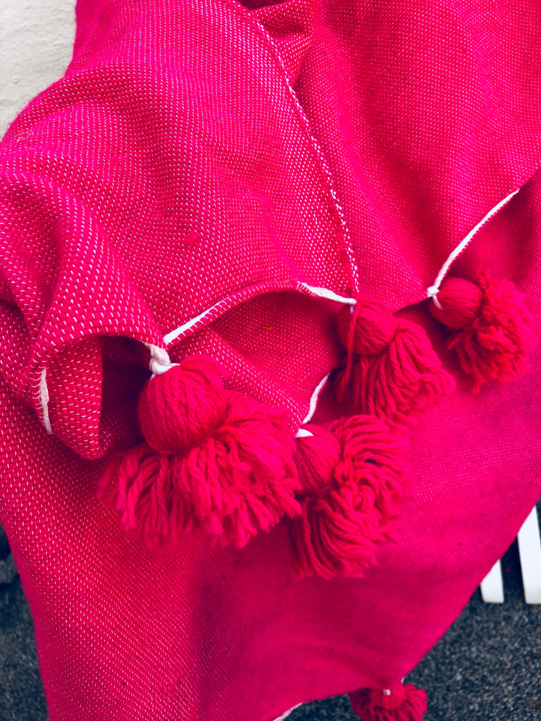 Hot Pink Moroccan Pompom Blanket | MoroccansWay