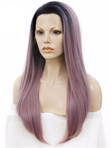 Long Black Root Grayish Pastel Pink Ombre Straight Synthetic Lace Front Wig