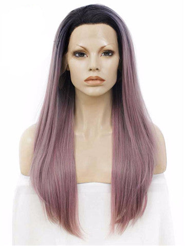 Long Black Root Grayish Pastel Pink Ombre Straight Synthetic Lace Front Wig