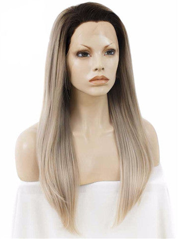 Dark Root To Light Ash Blonde Ombre Straight Long Synthetic Lace Front Wig
