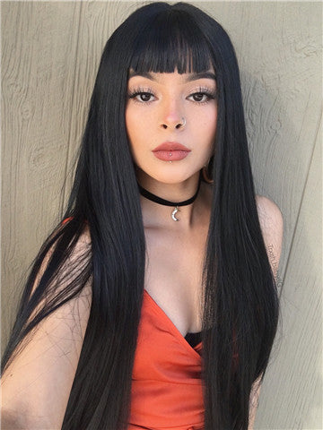 Long Black Straight Synthetic Lace Front Wig With Bang – FashionLoveHunter