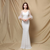 Women Sequins Wedding Mermaid Long Sleeve Off Shoulder Formal Dress V-Neck Floor-Length Prom Vestidoes