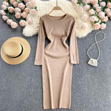 Autumn Winter Sweater Dress Elegant Knitted Bodycon Dress Women Round Neck Long Sleeve Casual Knee Length Midi Dress