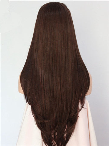 Long Dark Brown Highlight Straight Synthetic Lace Front Wig