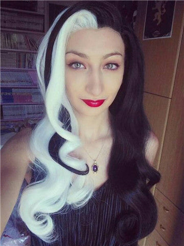 Long Half Black Half White Wavy Synthetic Lace Front Wig