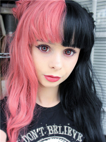 Long Half Pink & Half Black Wave Synthetic Lace Front Wig With Bang