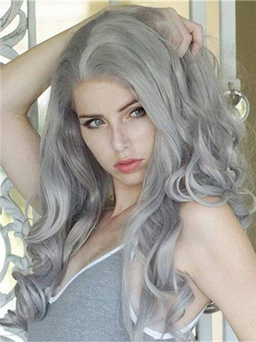 Long Young Silver Grey Wave Synthetic Lace Front Wig – FashionLoveHunter