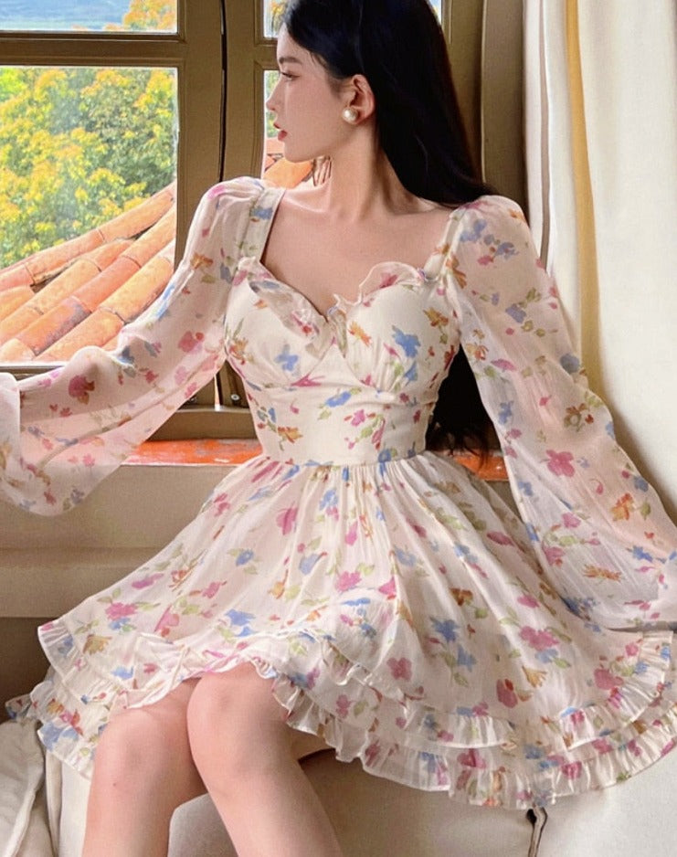Summer Chiffon Lace Floral Fairy Korean Hem Lace Mesh Sweet Ruffle Flounce Elegant Dress