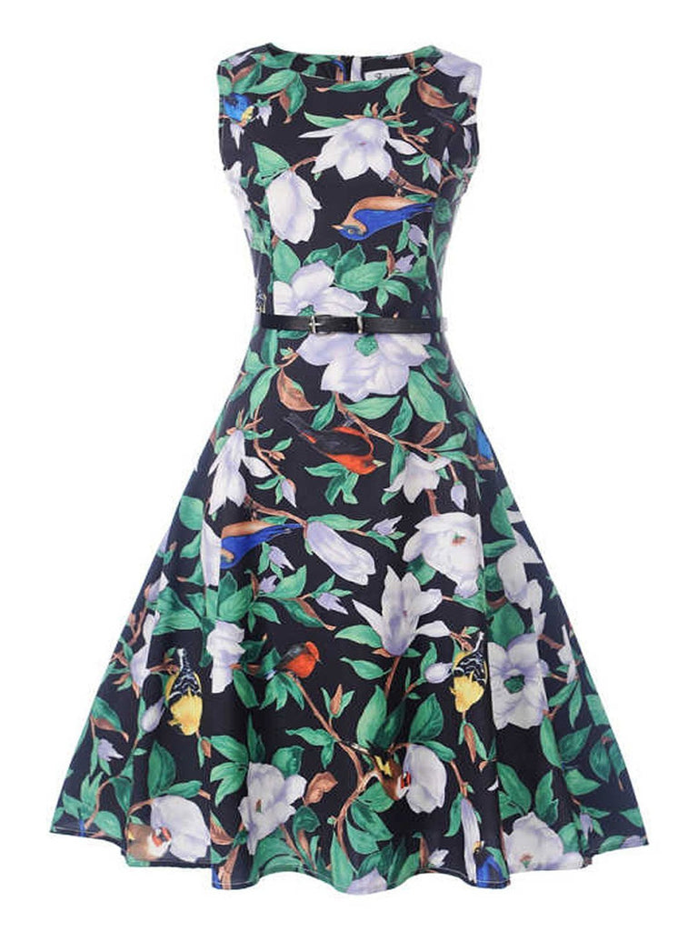 1950s Floral Leaf Bird Swing Dress – FashionLoveHunter