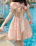 Summer Chiffon Printing Bow Sweet Bandage Backless Kawaii Korean Glitter Cute Mini Dress