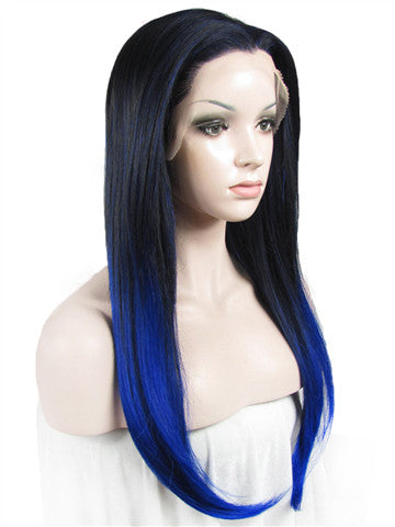 Long Dark Root Blue Highlight Ombre Straight Synthetic Lace Front