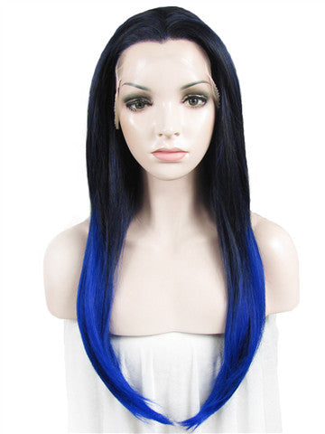 Long Dark Root Blue Highlight Ombre Straight Synthetic Lace Front