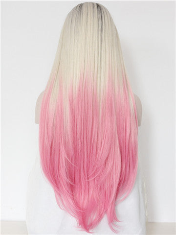 Long Warm Pink Strawberry Milkshake Ombre Synthetic Lace Front Wig ...