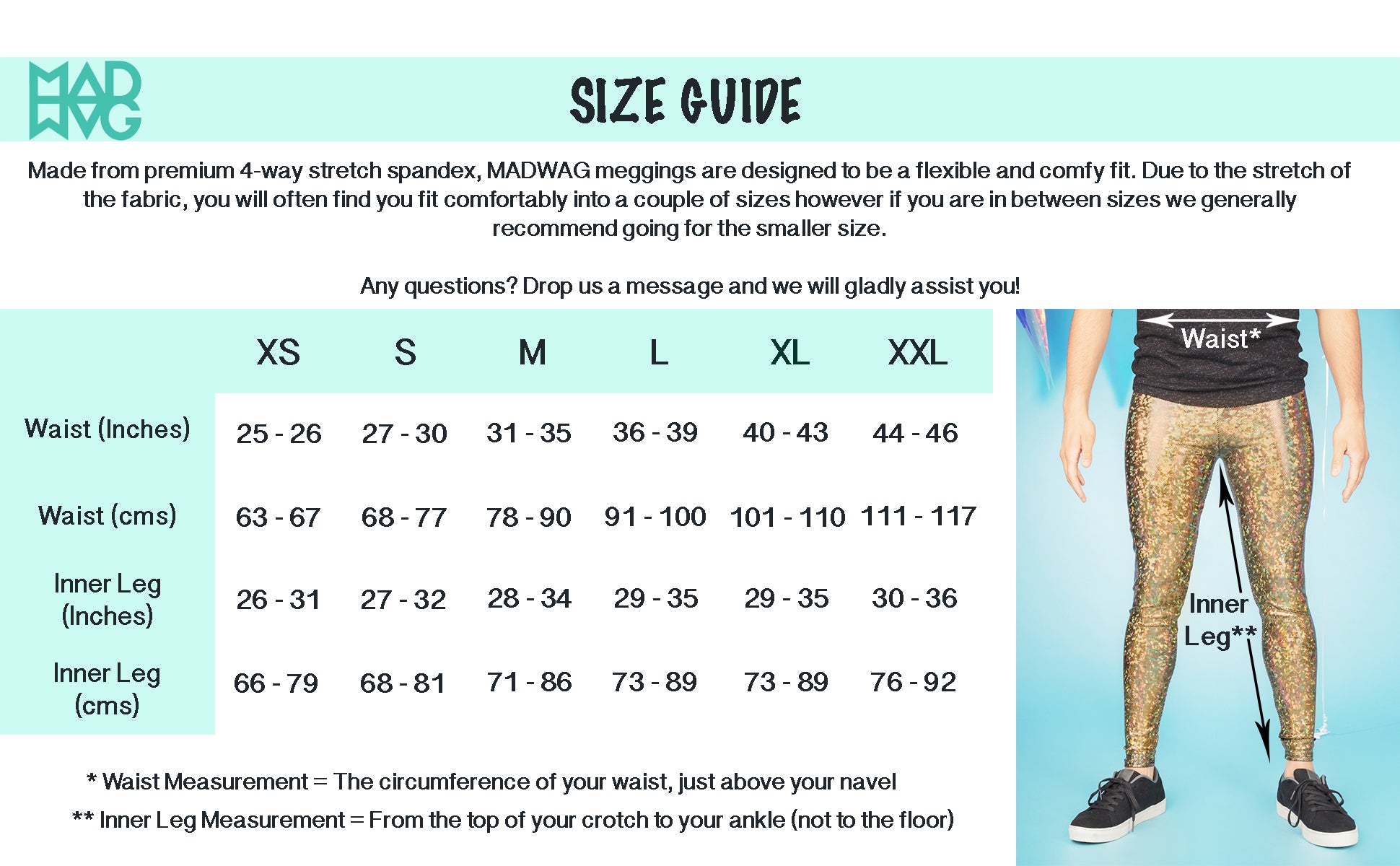 MADWAG Meggings Size Chart Sizing Guide Measurements Menswear 