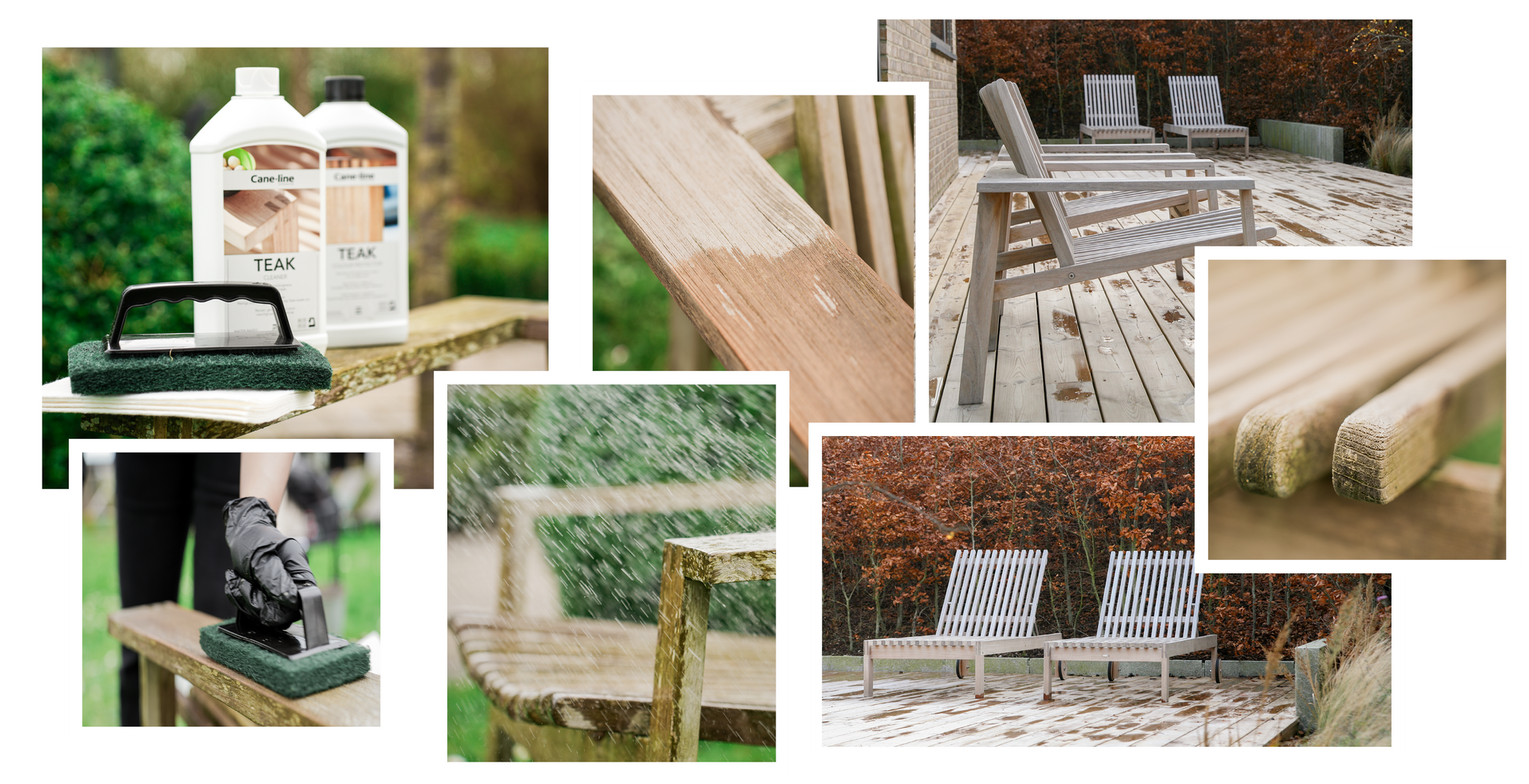 Collage billeder med teak møbler i have og teak pleje produkter