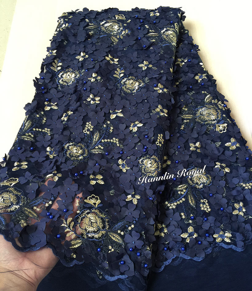 navy beaded lace fabric