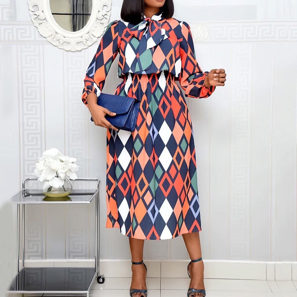 African Fashion Women Office Dress Vintage Geometric Print Lace-Up Bow  Collar A Line Retro Ladies | Chilazexpress Ltd