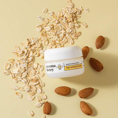 Eczema Honey Multi Peptide Eye Cream uses a soothing and gentle blend of peptides, oatmeal, and almond oil.