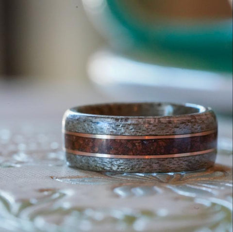 Wood wedding ring weathered maple, coffee and bronze