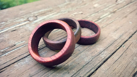 Three rings I have made thus far. The middle is Ipe (ee-pay) and the others are African Padauk.