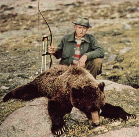 Fred Bear and a grizzly he took with his recurve. Mr. Bear would film his amazing hunting adventures and before long, men and women across the country were lining up to get their bows.