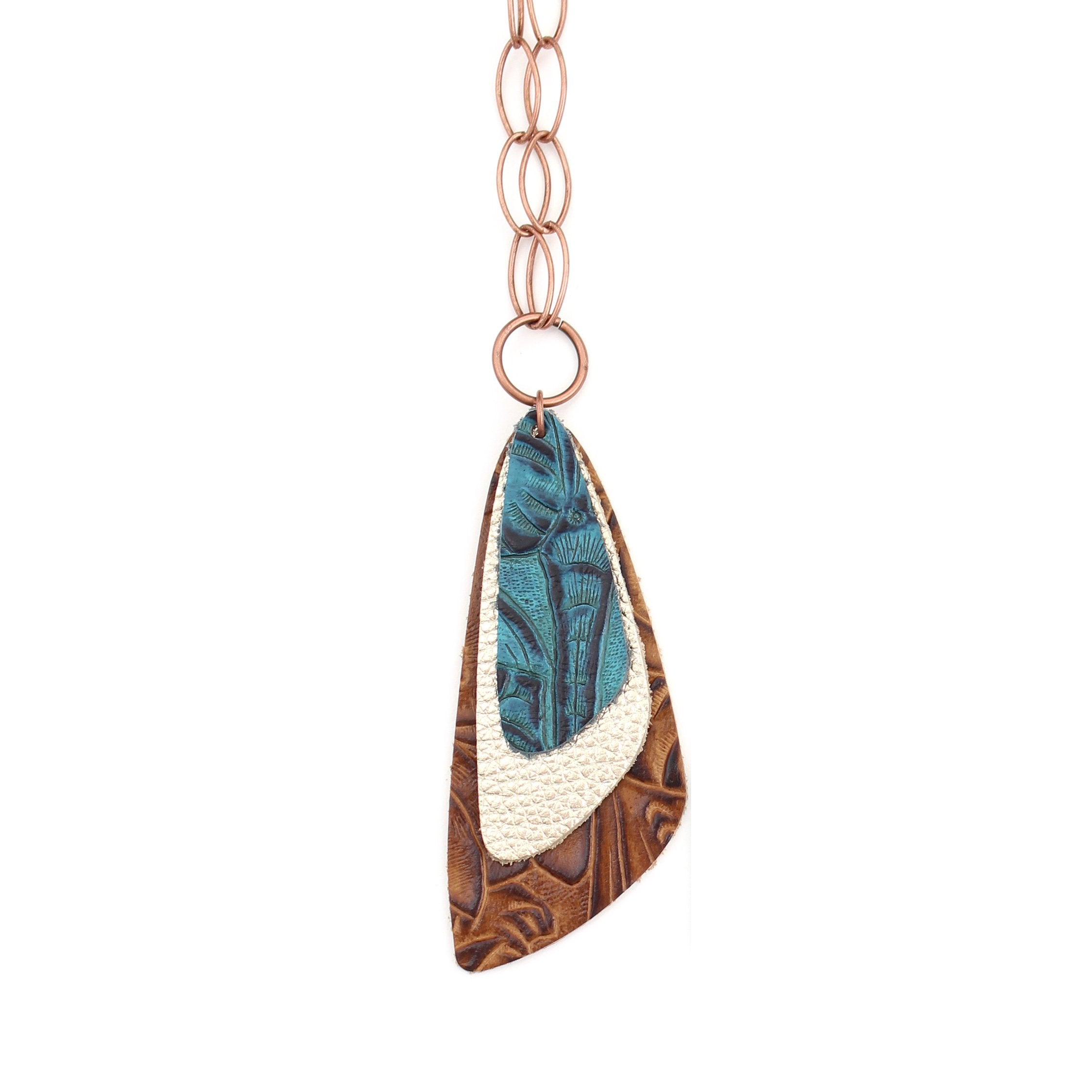 the triple descent necklace - tooled blue over gold over tooled brown