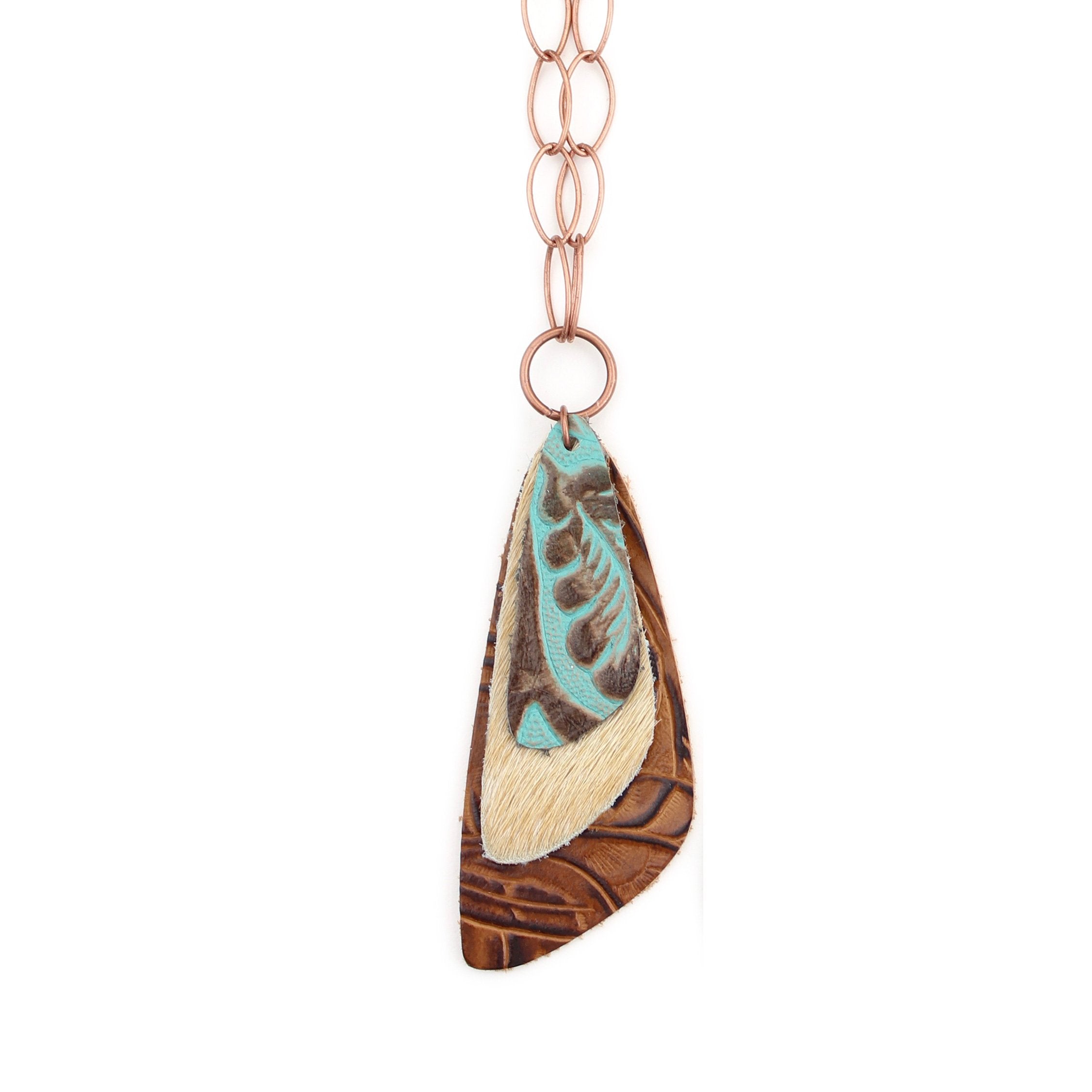 the triple descent necklace - tooled turquoise over light tan hair on over tooled brown