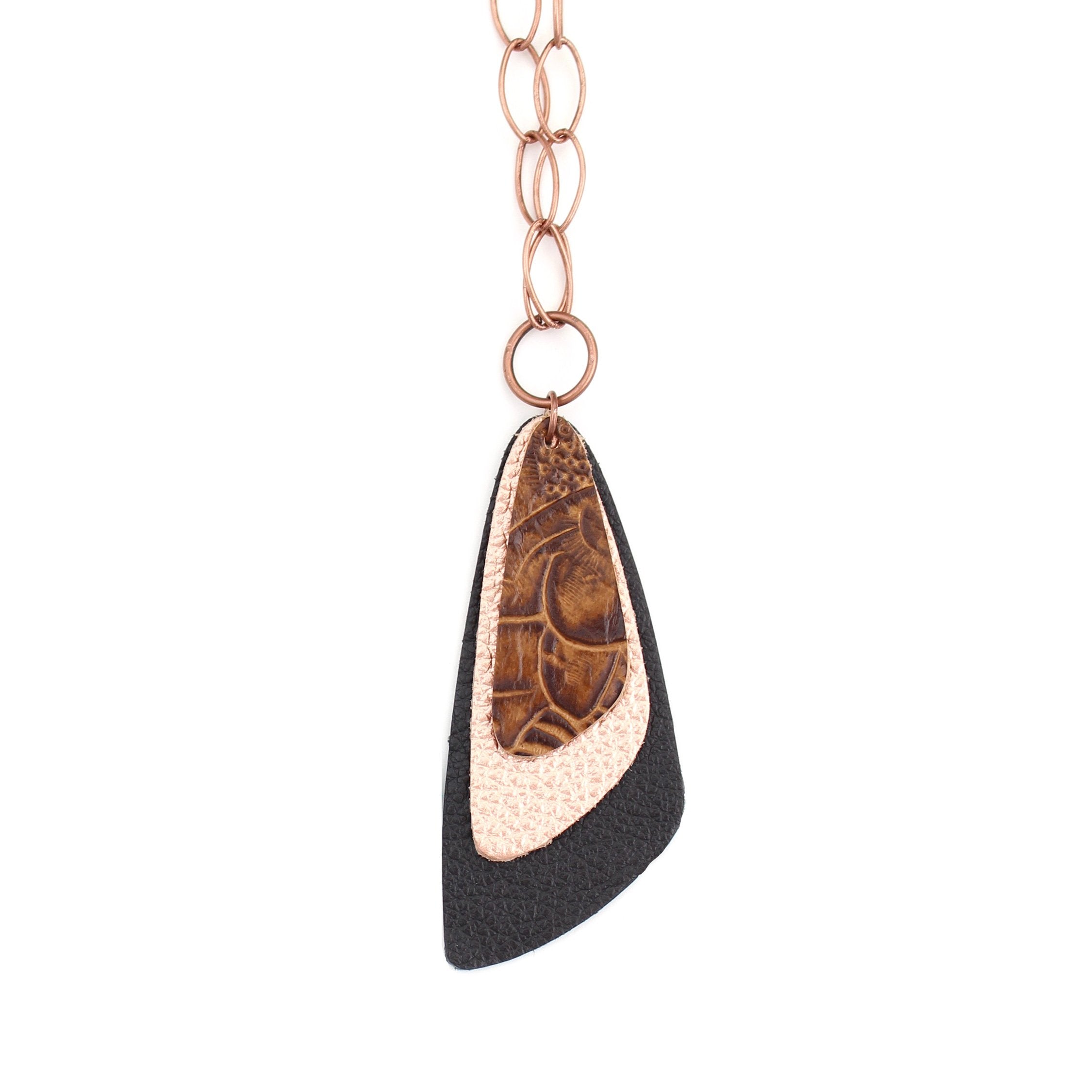 the triple descent necklace -tooled brown over copper over black