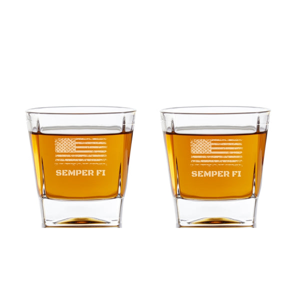 two personalized whiskey glasses with an American Flag