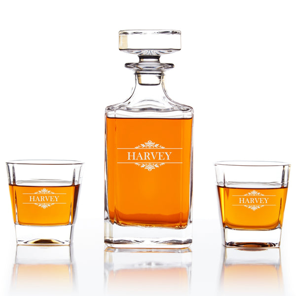 engraved whiskey decanter set 