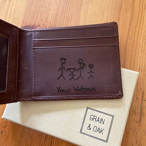 engraved kids drawing on a wallet