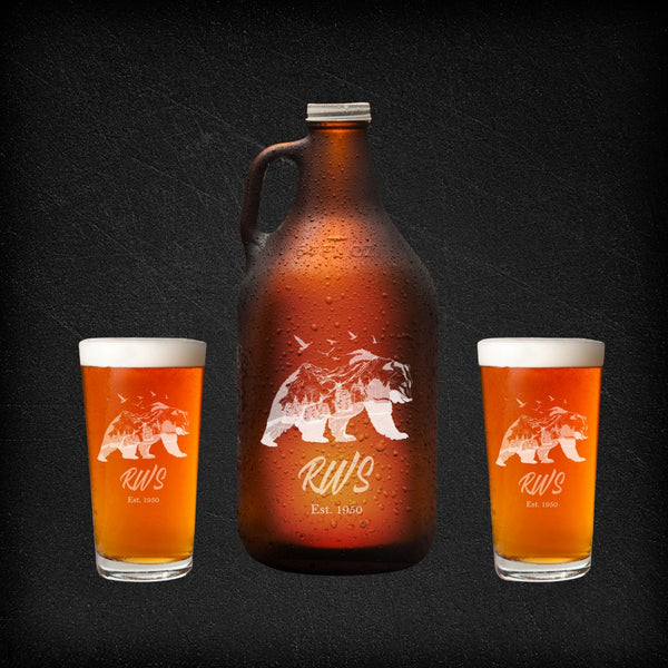 engraved growler set with two pint glasses