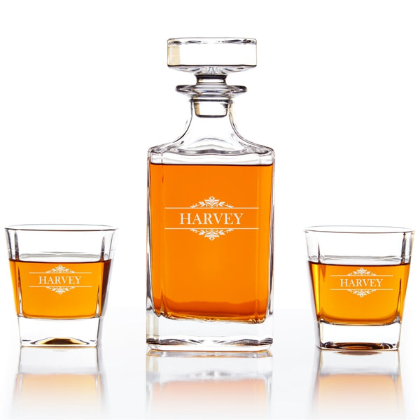 engraved whiskey decanter set