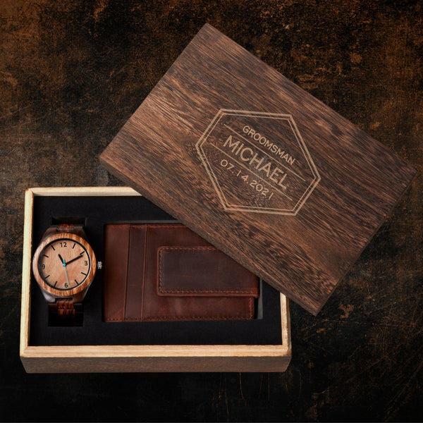 engraved box with wallet and wooden watch inside