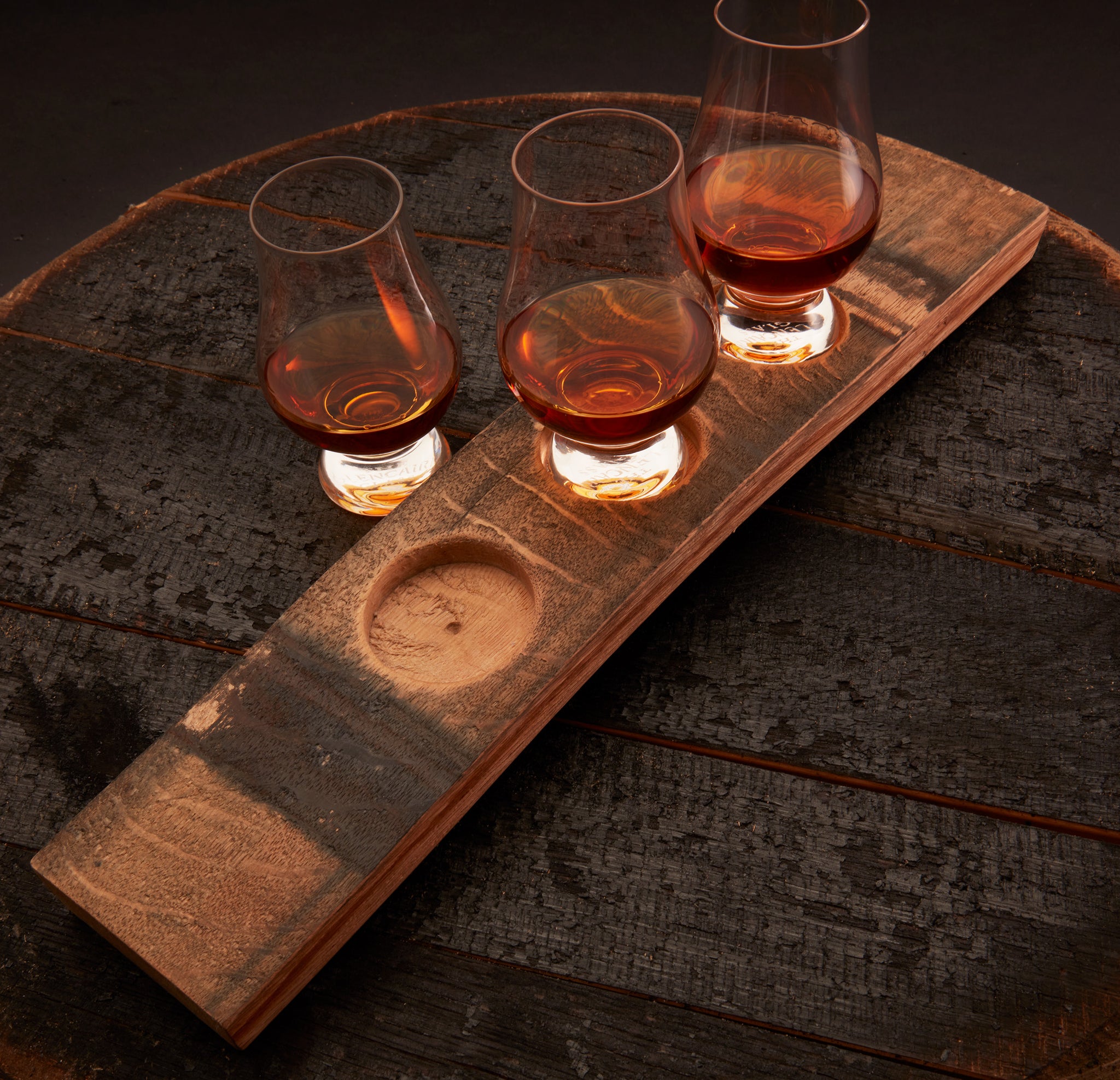 Whiskey Barrel Flight Board + 3 Optional Glencairn Glasses – Grain+Oak